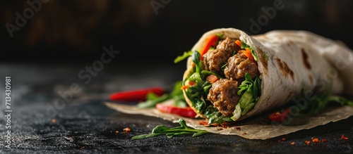Vietnamese meatball wrap or Vietnamese salad roll or Namnueng or Nem Nuong Asian food style. Copy space image. Place for adding text photo