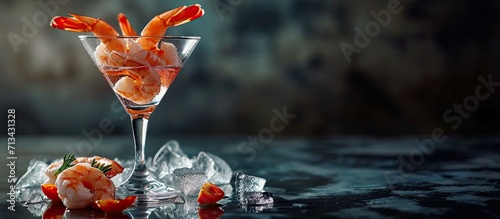 Fresh shrimp around martini glass with cocktail sauce. Copy space image. Place for adding text