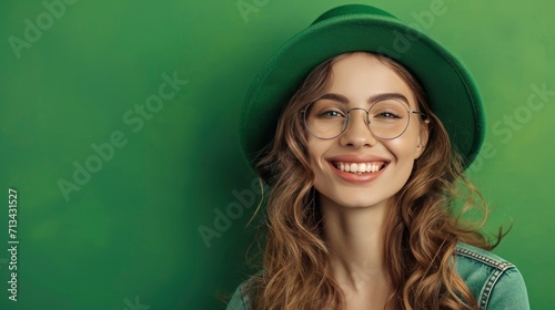 Young woman wearing a st patricks day hat against a green background