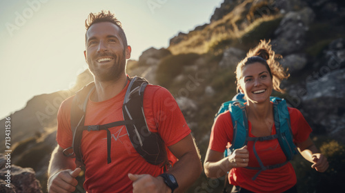 Trail runners navigating a rocky terrain,  their smiles showing their determination
