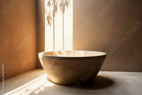In cozy corner, sunlight floods one wall, casting shadows from plant. In middle of this play of light stands large empty ceramic bowl. Light beige background with copy space for your ideas and design