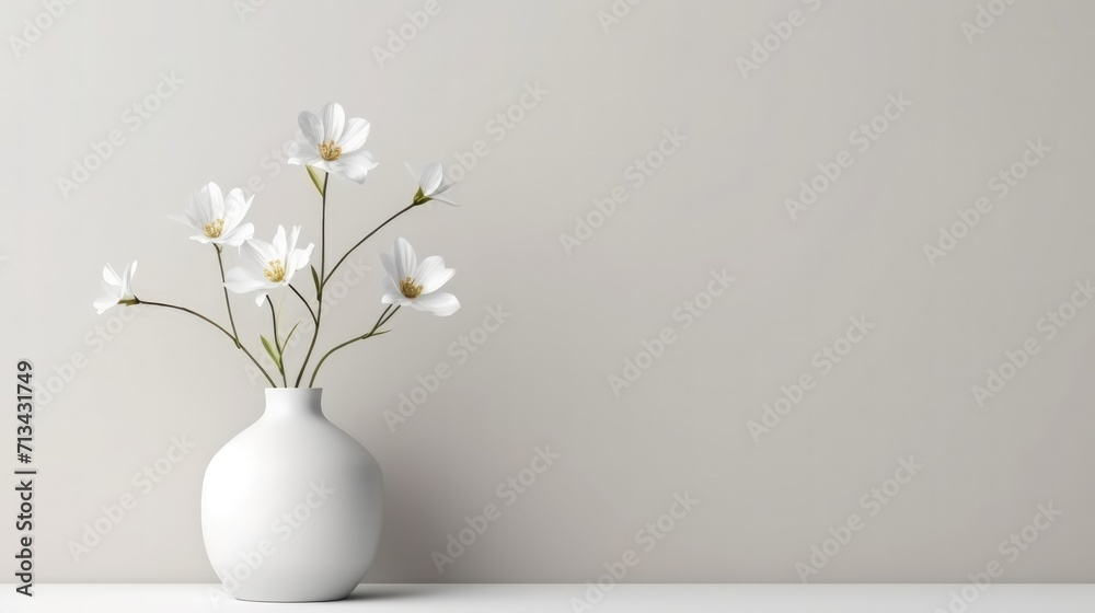 White vase with gypsophila flowers on a white shelf. Empty background with copy space. Generative AI. White vase with gypsophila flowers on a white shelf. Empty background with copy space. Generative AI.