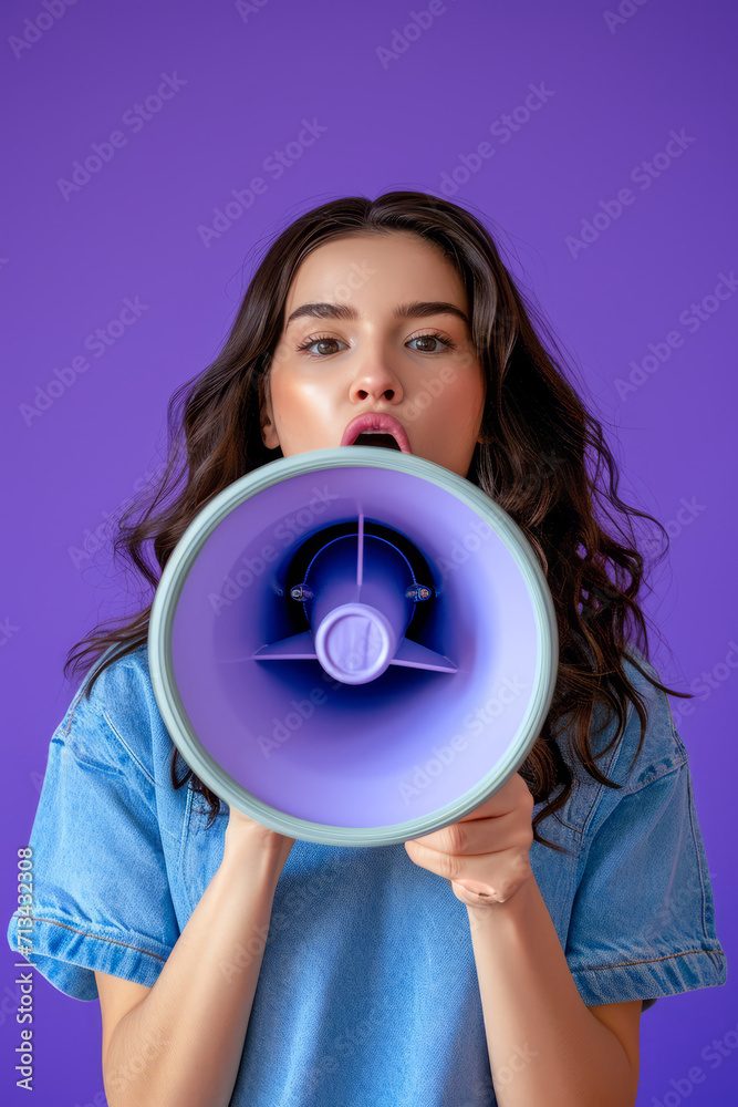 A young brunette woman in a jeans jacket screams into a megaphone against a pastel lilac background, showcasing genuine emotions. Space for text. A young brunette woman in a jeans jacket screams into a megaphone against a pastel lilac background, showcasing genuine emotions. Space for text.