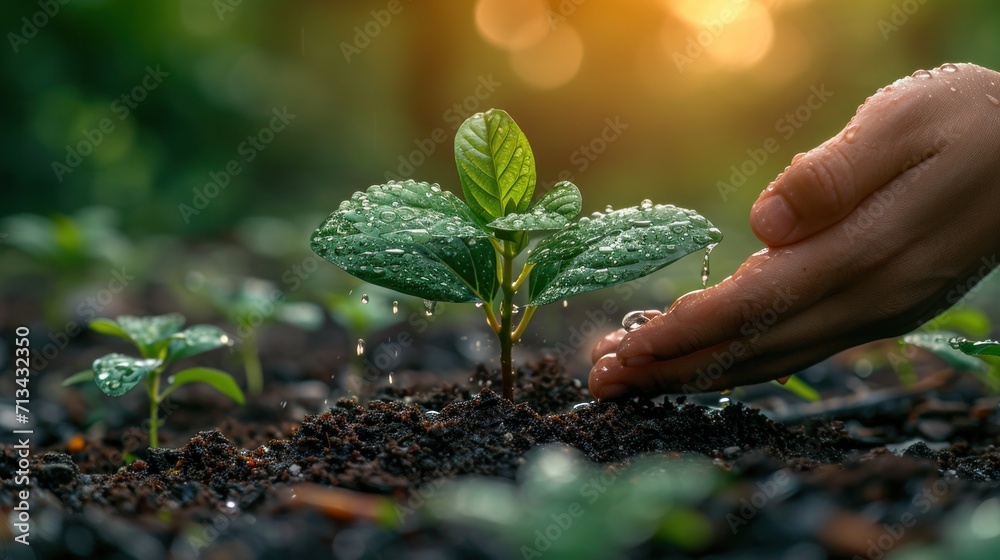 two hands holding water and watering young tree