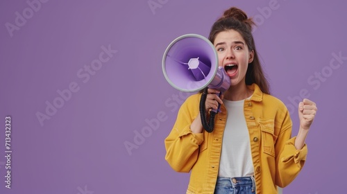 A young brunette woman in a yellow sweater screams into a megaphone against a pastel lilac background, showcasing genuine emotions. Space for text.