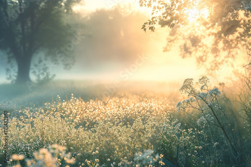 A tranquil view of an early spring meadow, mist delicately rising from the dew-drenched grass, the first light of morning casting a dreamy glow, soothing and mystical, pastel color palette