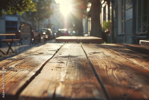 a wooden table is on a curb outside a cafe Generative AI photo