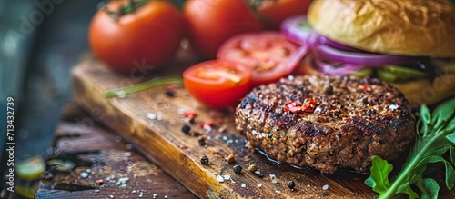 Round ground beef portioned beef patty made from beef mince on a wooden board Hamburger meat seasoned and ready for a barbecue Spices and condiments for a grill Homemade burger recipe Prepared photo