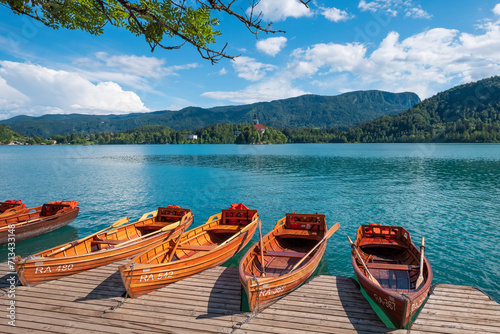 Tourist boats on the Bled lake, Slovenia.