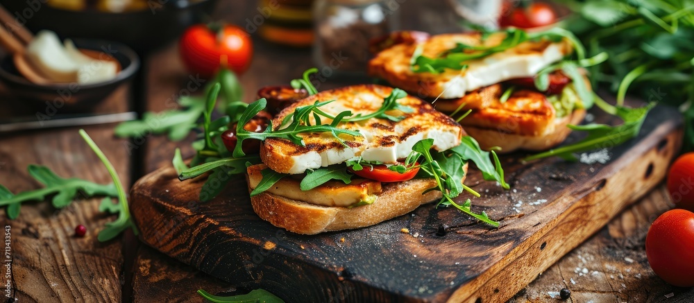 Grilled halloumi sandwich with avocado guacamole arugula Toast with grilled cheese and avocado Healthy food. Copy space image. Place for adding text