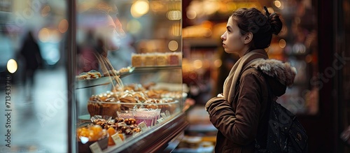 A little girl is standing near a shop window with an assortment of ice cream and sweets The child chooses sweets in the display case City lifestyle. Copy space image. Place for adding text