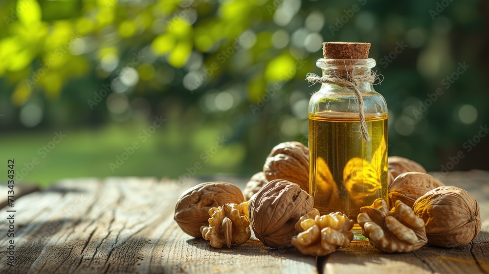 Organic Walnut Oil in a Corked Glass Bottle with Walnuts on a Sunlit Wooden Table Organic Walnut Oil in a Corked Glass Bottle with Walnuts on a Sunlit Wooden Table