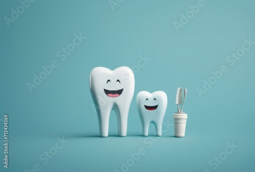 Model of tooth with tooth care equipment on light blue background