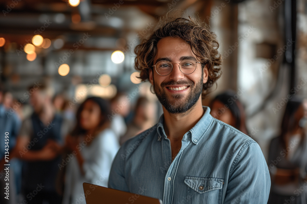 Fototapeta premium Portrait d'un jeune cadre souriant devant une foule de travailleurs et managers, tenant un ordinateur portable
