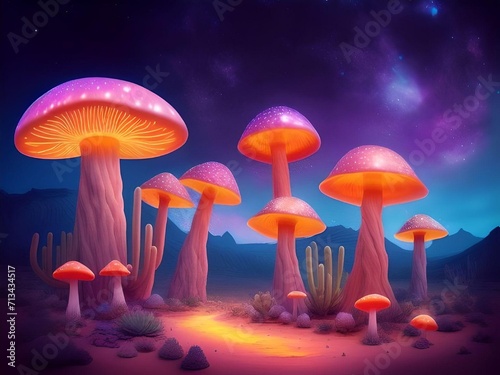 Strange Extraterrestrial Mushrooms on The Desert with Panoramic Sky View Concept
