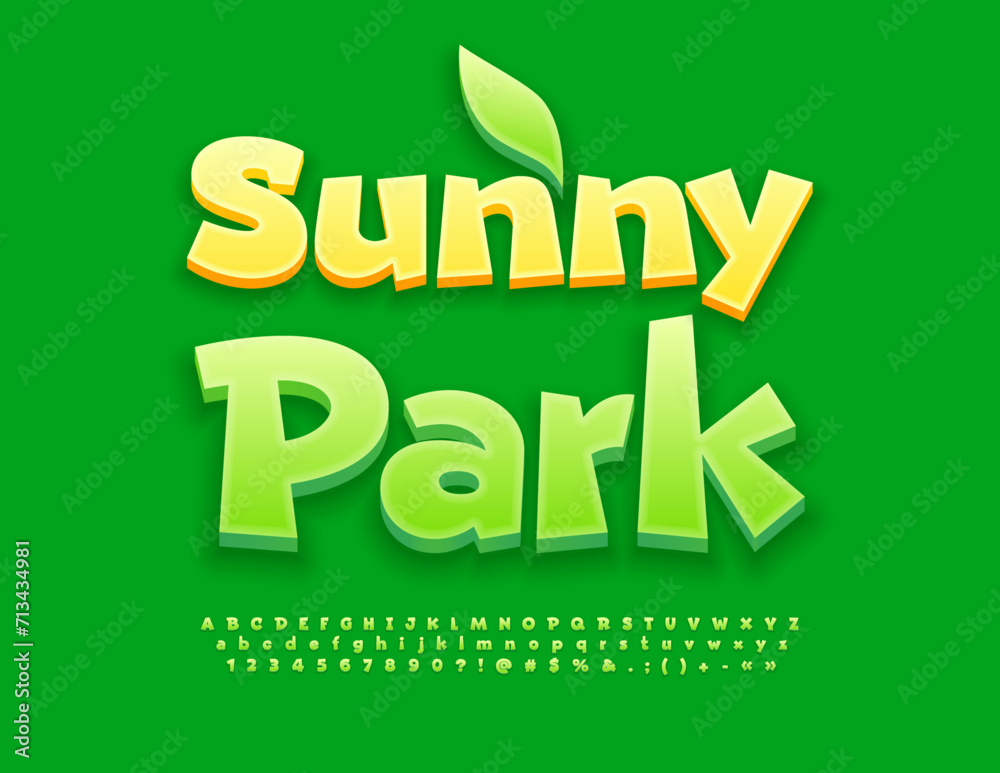 Naklejka premium Vector funny emblem Sunny Park with decorative Leaf. Green 3D Font. Cute Alphabet Letters, Numbers and Symbols set