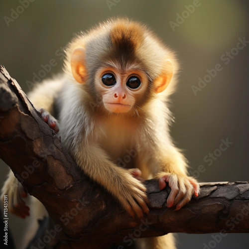 Cute small monkey sitting on branch, looking at camera 