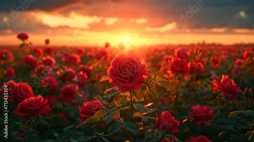 red rose field in sunset light photo