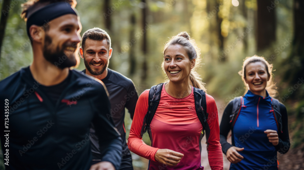 A group of friends with radiant smiles embarking on a trail run