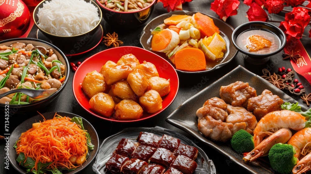 Chinese traditional holiday food with red background