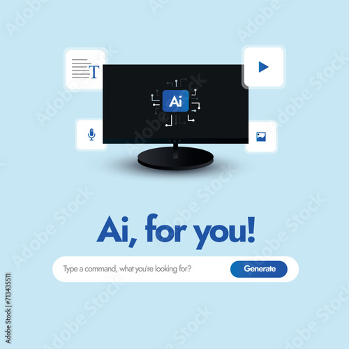 AI content generation concept. AI is for you with search bar. AI generative tools concept with icons of chatbots, image creation, music production, video making around a computer screen having ai icon