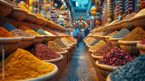 A blurred image of a crowded street market with aromatic spices and exotic flavors