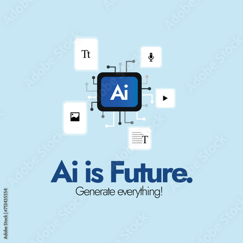 AI is future. Artificial intelligence is future concept banner and post with Ai icon. AI generative tools concept  with icons of chatbots, image creation, music production, video making. 