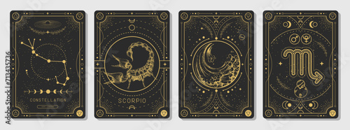 Set of Modern magic witchcraft cards with astrology Scorpio zodiac sign characteristic. Vector illustration