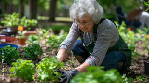 Older adults engaged in community gardening, cultivating plants, and fostering a sense of connection with nature.