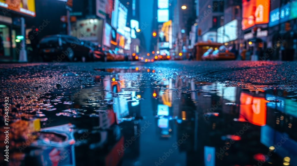 Close up of a puddle in a city at night    