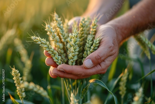 Farmer hand holding green wheat ears in the field