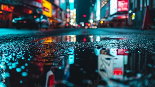 Close up of a puddle in a city at night 