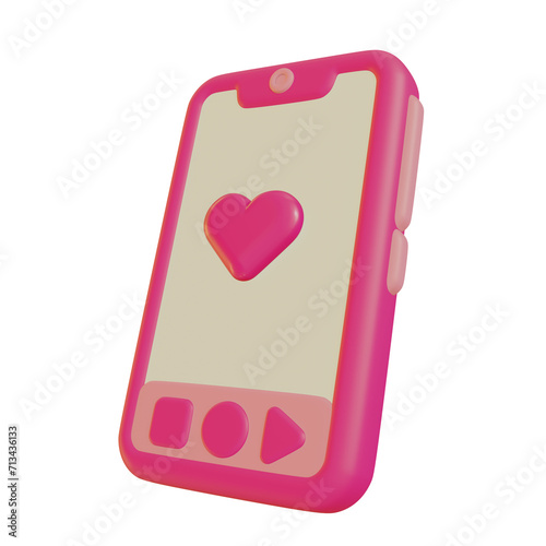 Pink smartphone with floating red heart on screen. 3d icon illustration. Graphic design element for Valentine day. Symbol concept of love message or confession. Cute cartoon style. phone, cellphone