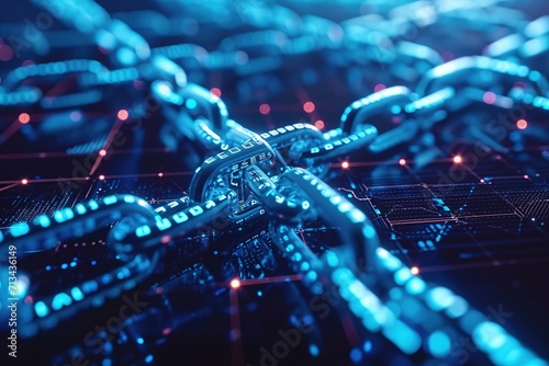 Abstract blue chain background Blockchain technology data connection Concept rendering of 3D, square, DeFi Decentralized Finance technology. photo