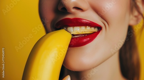 close up woman with red lips taking a bite from yellow banana    