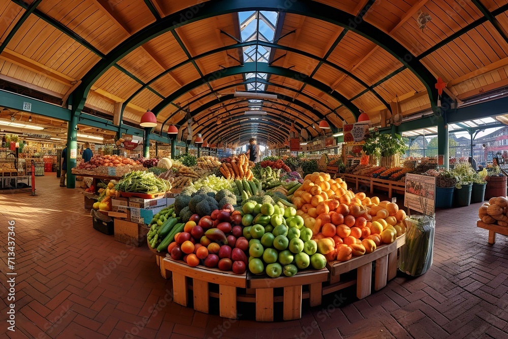 A vibrant farmers market with colorful fruits and vegetables, sweeping panorama, photo grade