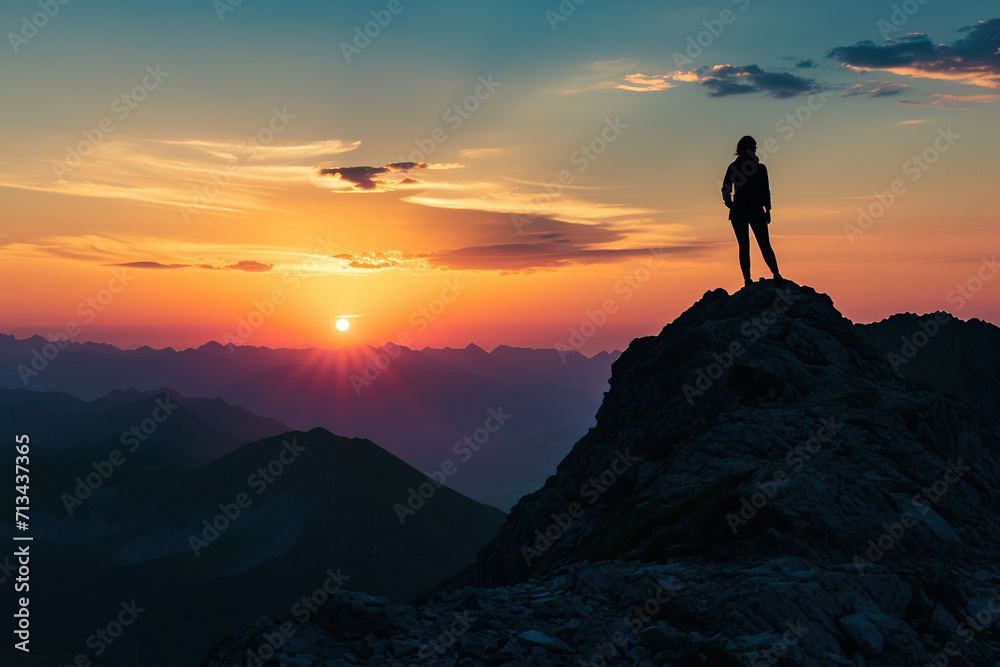 Mountain Summit Silhouette at Sunrise: A triumphant woman stands on the rocky top, surrounded by the breathtaking beauty of nature, embodying success and freedom in her adventurous climb