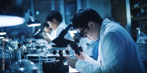 Chinese medical researchers are in the laboratory, intently observing cells under the microscope, macro photography photo