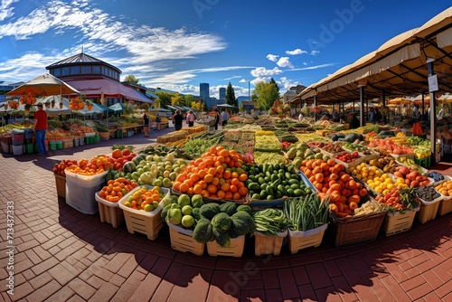 A vibrant farmers market with colorful fruits and vegetables, sweeping panorama, photo grade