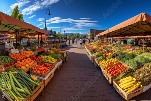 A vibrant farmers market with colorful fruits and vegetables, sweeping panorama, photo grade © md alamin