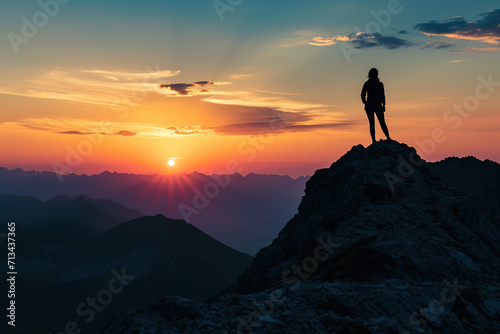 Mountain Summit Silhouette at Sunrise: A triumphant woman stands on the rocky top, surrounded by the breathtaking beauty of nature, embodying success and freedom in her adventurous climb