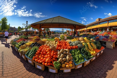 A vibrant farmers market with colorful fruits and vegetables, sweeping panorama, photo grade