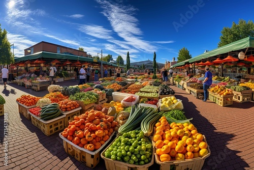 A vibrant farmers market with colorful fruits and vegetables, sweeping panorama, photo grade