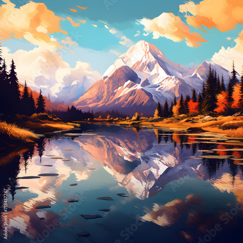 A painting of a lake with mountains and a lake in the foreground.,, An awe-inspiring wall art mural depicting a vast and breathtaking mountain landscape, capturing the majestic beauty of nature