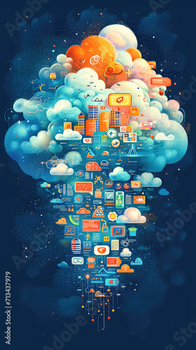 Ilustración Estilo Grunge de Una nube formada por iconos que representan ideas creativas, resaltando la inspiración photo