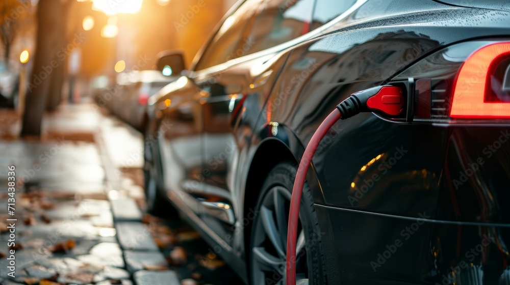 Modern electric car during charging, macro shot, wide header,    