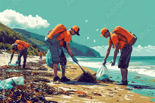 Ilustración de voluntarios recogiendo residuos plásticos en las playas, ecologisto, reciclaje, micro plásticos photo
