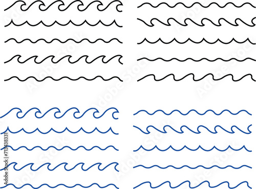 bundled wave icon logo vector minimal design element set, line art wave pack logo design, simple doodle wave. flat simple lines, Sea wave icon. Water logo, line ocean symbol in vector trendy style.