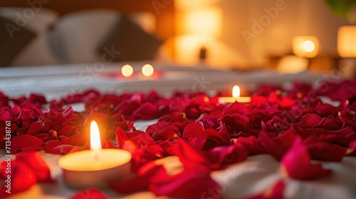 Romantic setting with rose petals and candles on the bed. Valentine s Day celebration    