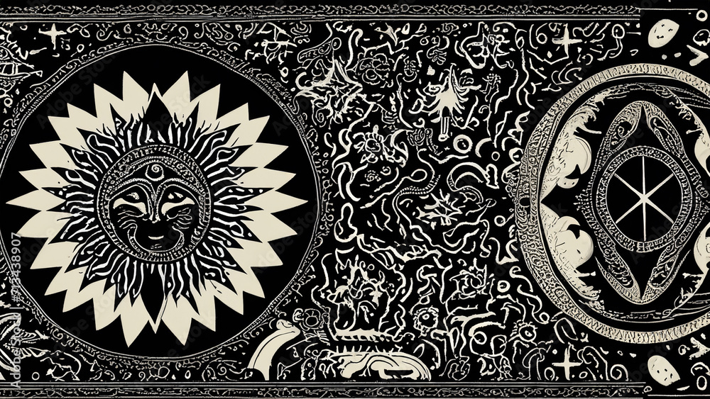 Black and white wallpaper with antique Aztec pattern with stars, sun ...